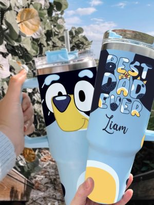 Personalized Blue Fathers Day Tumbler 40Oz Bluey Heeler Best Dad Ever Custom Cup Bluey Dad Stanley Cup Bluey Family Cups revetee 2