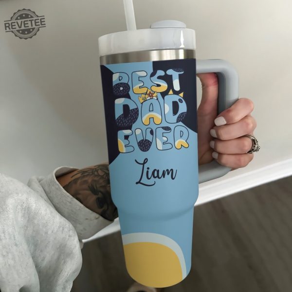 Personalized Blue Fathers Day Tumbler 40Oz Bluey Heeler Best Dad Ever Custom Cup Bluey Dad Stanley Cup Bluey Family Cups revetee 3