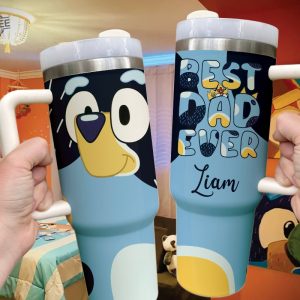 Personalized Blue Fathers Day Tumbler 40Oz Bluey Heeler Best Dad Ever Custom Cup Bluey Dad Stanley Cup Bluey Family Cups revetee 4