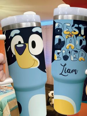 Personalized Blue Fathers Day Tumbler 40Oz Bluey Heeler Best Dad Ever Custom Cup Bluey Dad Stanley Cup Bluey Family Cups revetee 4