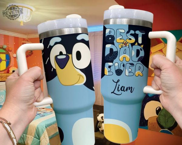 Personalized Blue Fathers Day Tumbler 40Oz Bluey Heeler Best Dad Ever Custom Cup Bluey Dad Stanley Cup Bluey Family Cups revetee 4