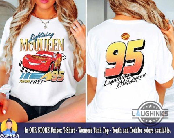 retro lightning mcqueen shirt for kids and adults think fast disney cars 95 vintage 2 sided shirts trendy lightning mcqueen tee laughinks 2