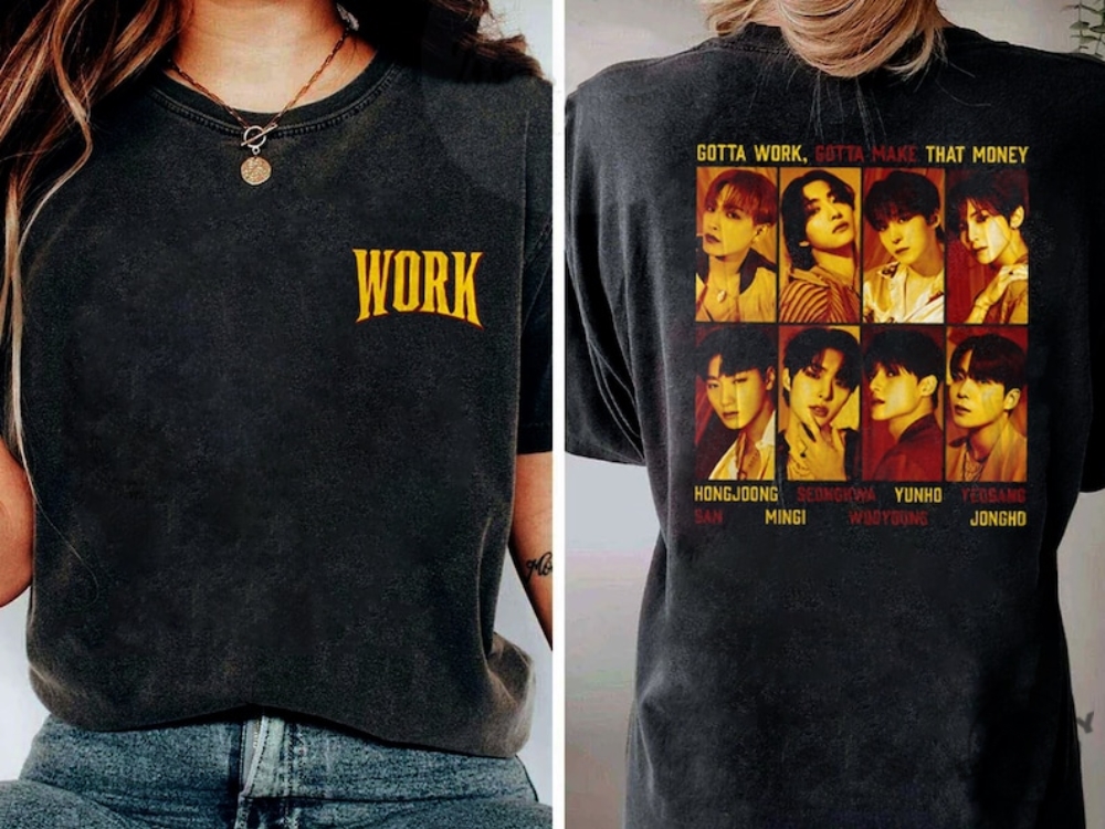 Double Sized Ateez Work Tshirt Ateez Kpop Sweatshirt Hongjoong Seonghwa Yunho Yeosang San Mingi Wooyoung Jongho Hoodie Ateez Golden Hour Album Shirt