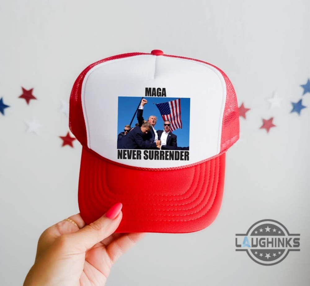 Never Surrender Maga Hat Make America Great Again Donald Trump Shooting Mesh Back Trucker Cap Trump Assassination Hats