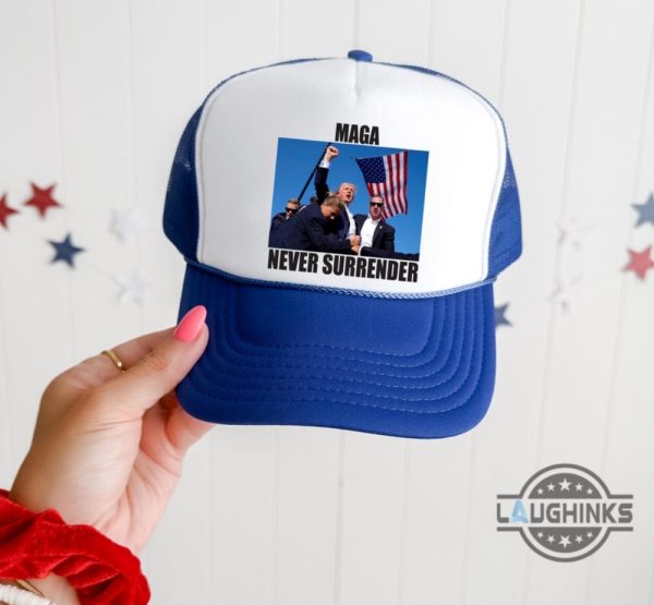 never surrender maga hat make america great again donald trump shooting mesh back trucker cap trump assassination hats laughinks 3