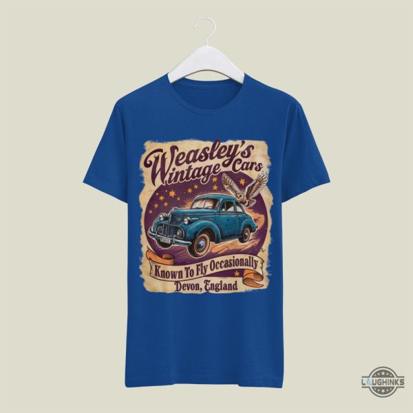 weasleys flying car in harry potter shirt wizard vintage cars known to fly occasionally devon england tee shirts laughinks 3