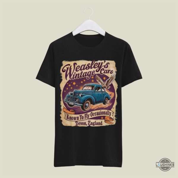 weasleys flying car in harry potter shirt wizard vintage cars known to fly occasionally devon england tee shirts laughinks 4