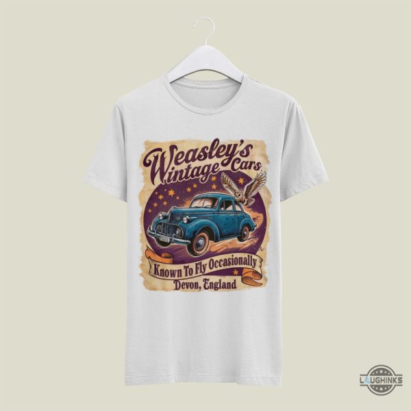 weasleys flying car in harry potter shirt wizard vintage cars known to fly occasionally devon england tee shirts laughinks 5