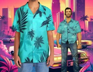 gta vice city shirt grand thef auto tommy vercetti blue hawaiian button up shirts and shorts laughinks 1