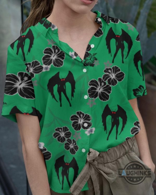 mothman button up shirt mothman hawaiian shirts and shorts mothman halloween costume green grey pink laughinks 6