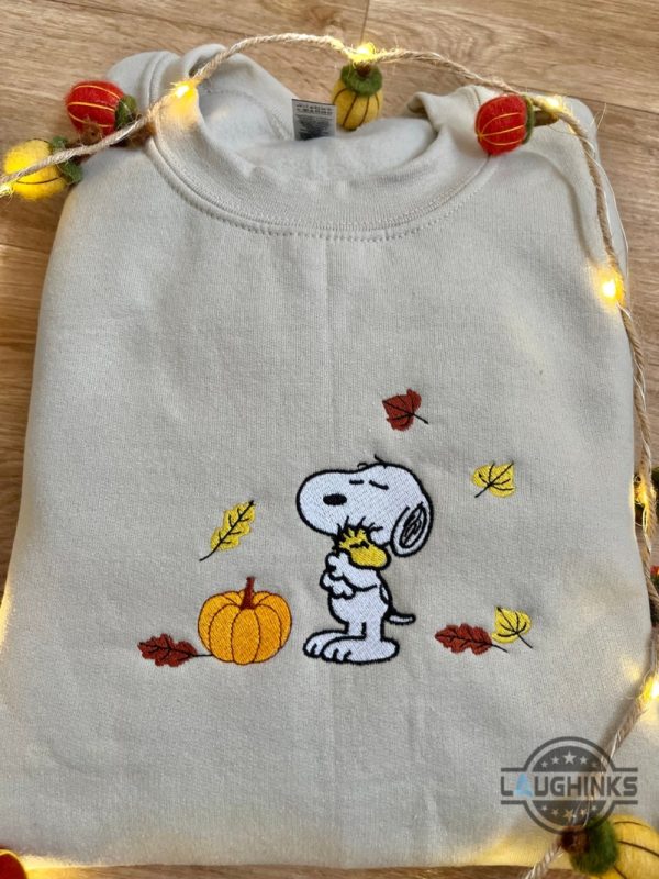 snoopy and woodstock hug gif fall embroidered shirt halloween gift