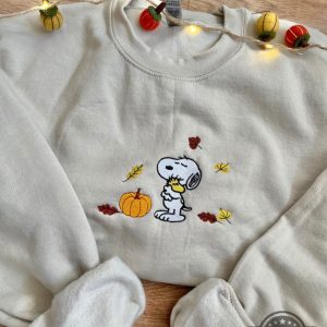 snoopy and woodstock hug gif fall embroidered shirt halloween gift