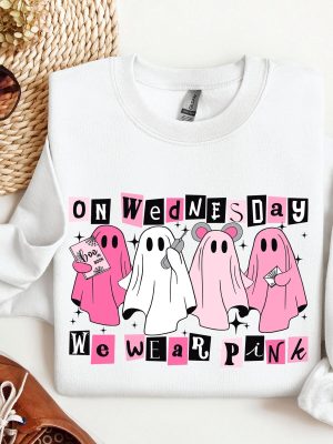 On Wednesday We Wear Pink Halloween Sweatshirt Cute Pink Ghost T Shirt We Only Wear Pink On Wednesdays revetee 3