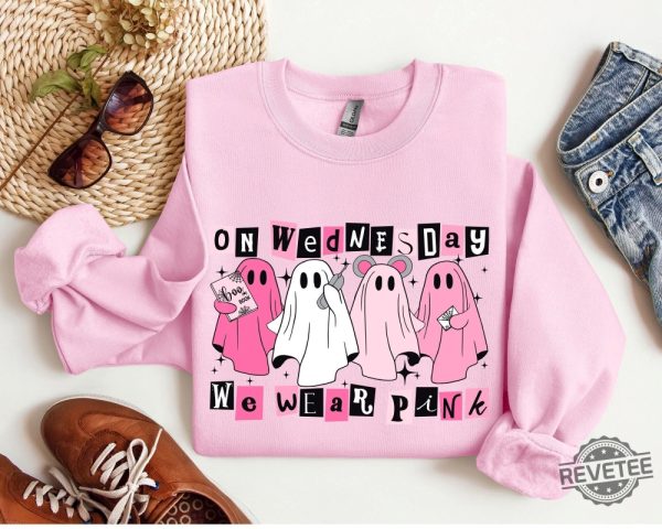 On Wednesday We Wear Pink Halloween Sweatshirt Cute Pink Ghost T Shirt We Only Wear Pink On Wednesdays revetee 5