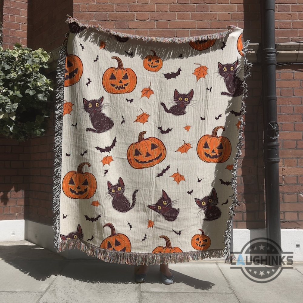 Halloween Pumpkin And Spooky Black Cat Woven Blanket