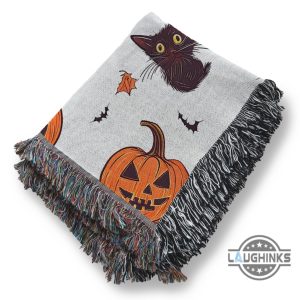 halloween pumpkin and spooky black cat woven blanket