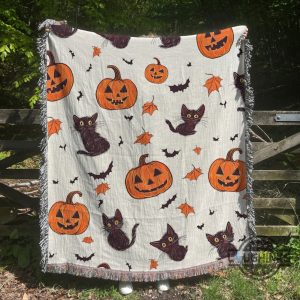 halloween pumpkin and spooky black cat woven blanket