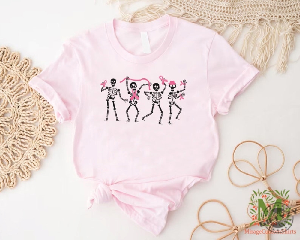 Dancing Skeletons Breast Cancer Shirt Skeletons Pink Ribbon Cancer Awareness Tshirt Halloween Breast Cancer Sweatshirt Breast Cancer Month Shirt giftyzy 1