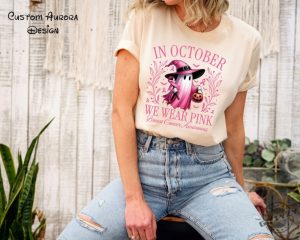 In October We Wear Pink Ghost Shirt Halloween Ghost Sweatshirt Pink Ribbon Tshirt Breast Cancer Awareness Hoodie We Wear Pink Halloween Shirt giftyzy 3