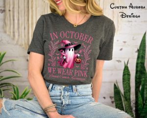 In October We Wear Pink Ghost Shirt Halloween Ghost Sweatshirt Pink Ribbon Tshirt Breast Cancer Awareness Hoodie We Wear Pink Halloween Shirt giftyzy 4