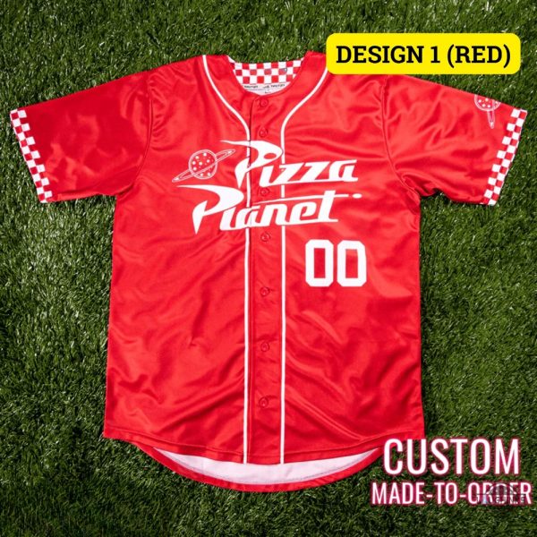 custom pizza planet baseball jersey shirt red and white