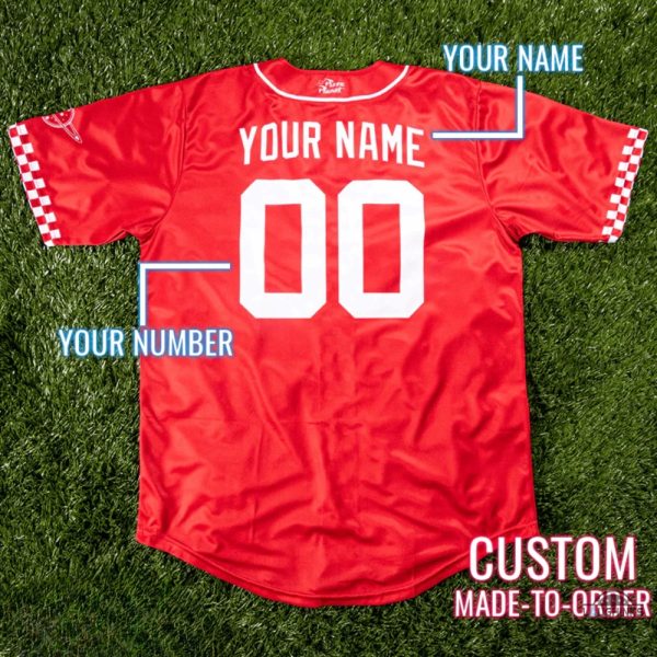 custom pizza planet baseball jersey shirt red and white