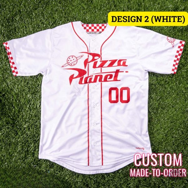 custom pizza planet baseball jersey shirt red and white