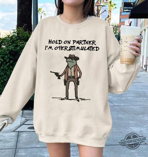 Hold On Partner Im Overstimulated Shirt Cowboy Frog Shirt Unhinged Tshirt Weirdcore Gen Z Shirt Funny Meme Shirt Sweatshirt trendingnowe 2