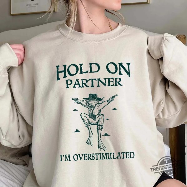 Hold On Partner Im Overstimulated Sweatshirt Cowboy Frog Shirt Unhinged Tshirt Weirdcore Gen Z Shirt Funny Meme Shirt trendingnowe 1