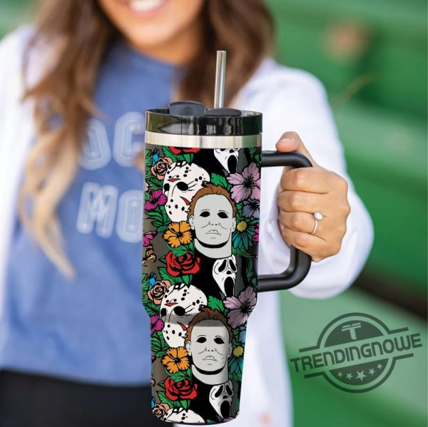 Floral Horror Halloween Tumbler Horror Movie Characters Cup Spooky Tumbler Halloween Insulated Water Bottle trendingnowe 1