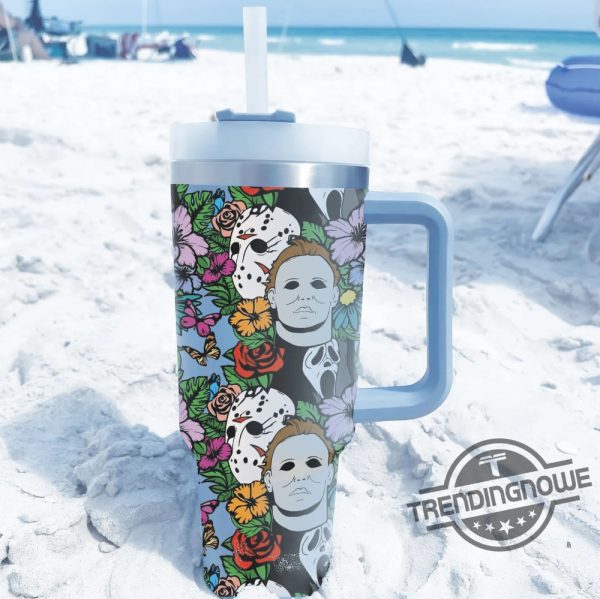 Floral Horror Halloween Tumbler Horror Movie Characters Cup Spooky Tumbler Halloween Insulated Water Bottle trendingnowe 3