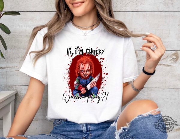 Halloween Chucky Shirt Horror Shirt Chucky Wanna Play Sweatshirt Hello Kitty Chucky Shirt revetee 1