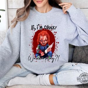 Halloween Chucky Shirt Horror Shirt Chucky Wanna Play Sweatshirt Hello Kitty Chucky Shirt revetee 2