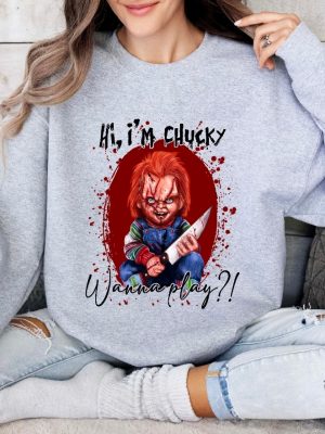 Halloween Chucky Shirt Horror Shirt Chucky Wanna Play Sweatshirt Hello Kitty Chucky Shirt revetee 2