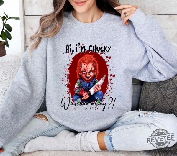 Halloween Chucky Shirt Horror Shirt Chucky Wanna Play Sweatshirt Hello Kitty Chucky Shirt revetee 2