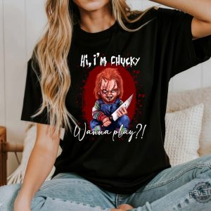 Halloween Chucky Shirt Horror Shirt Chucky Wanna Play Sweatshirt Hello Kitty Chucky Shirt revetee 4