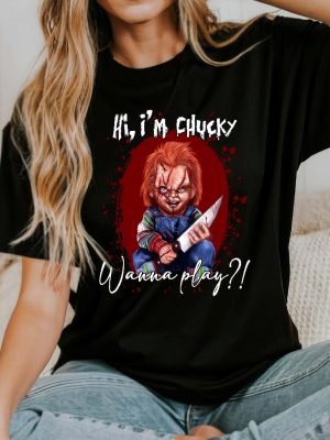 Halloween Chucky Shirt Horror Shirt Chucky Wanna Play Sweatshirt Hello Kitty Chucky Shirt revetee 4