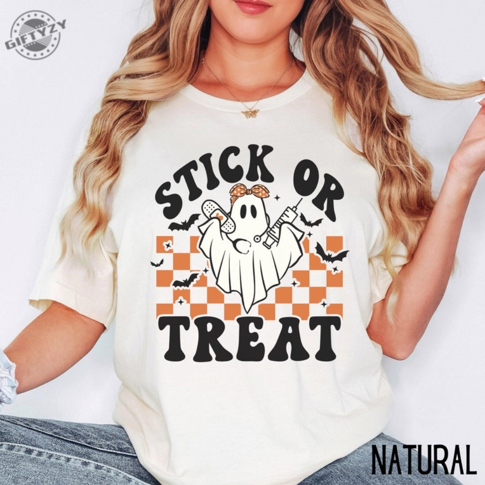 Ghost Nurse Halloween Shirt Stick Or Treat Sweatshirt Spooky Nurse Phlebotomy Tech Halloween Nurse Tshirt Hospital Halloween Party Shirt