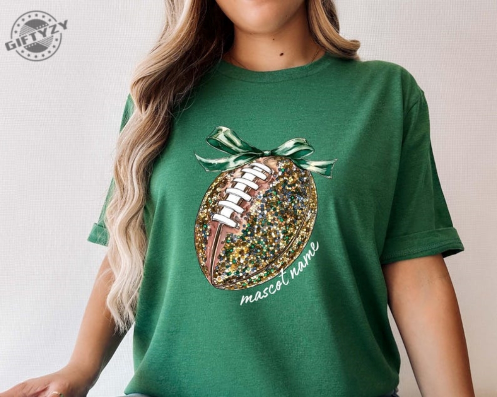 Custom Mascot Bow Shirt Cute Football Mom Tshirt Faux Glitter Green Hoodie Football Bow Gift Coquette Bows School Spirit Sweatshirt Cheer Mascot Shirt