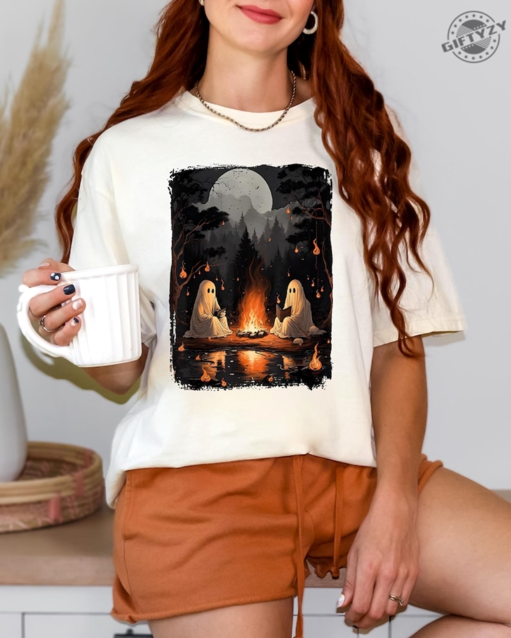 Camping Halloween Ghost Reading Book Shirt Halloween Costume Hoodie Spooky Season Sweatshirt Women Fall Tshirt Halloween Party Tee