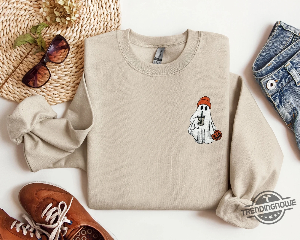 Ghost Embroidered Sweatshirt Little Ghost Ice Coffee Shirt Halloween Sweatshirt Halloween Embroidered Sweatshirt Ghost Sweatshirt