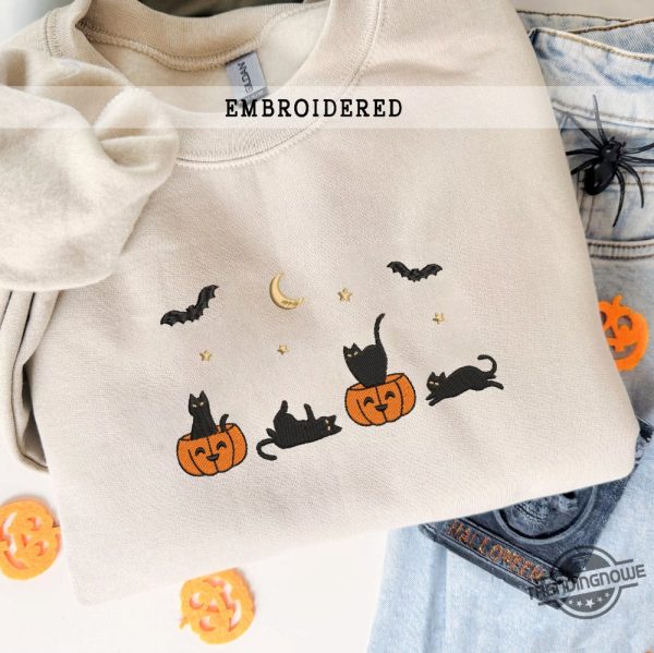 Embroidered Black Cat Sweatshirt Funny Halloween Sweatshirt Pumpkin Shirt Spooky Season Fall Sweatshirt For Women trendingnowe 2