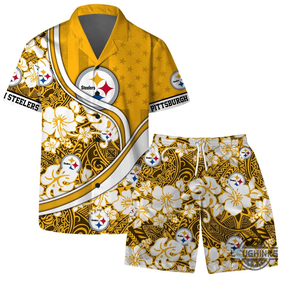 New Pittsburgh Steelers Hawaiian Shirt And Shorts Team Logo Yellow Pattern Us Flag Aloha Beach Summer Button Up Shirts