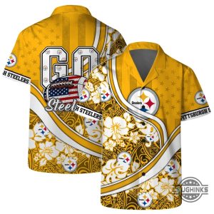 new pittsburgh steelers hawaiian shirt and shorts team logo yellow pattern us flag aloha beach summer button up shirts laughinks 3