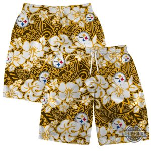 new pittsburgh steelers hawaiian shirt and shorts team logo yellow pattern us flag aloha beach summer button up shirts laughinks 6