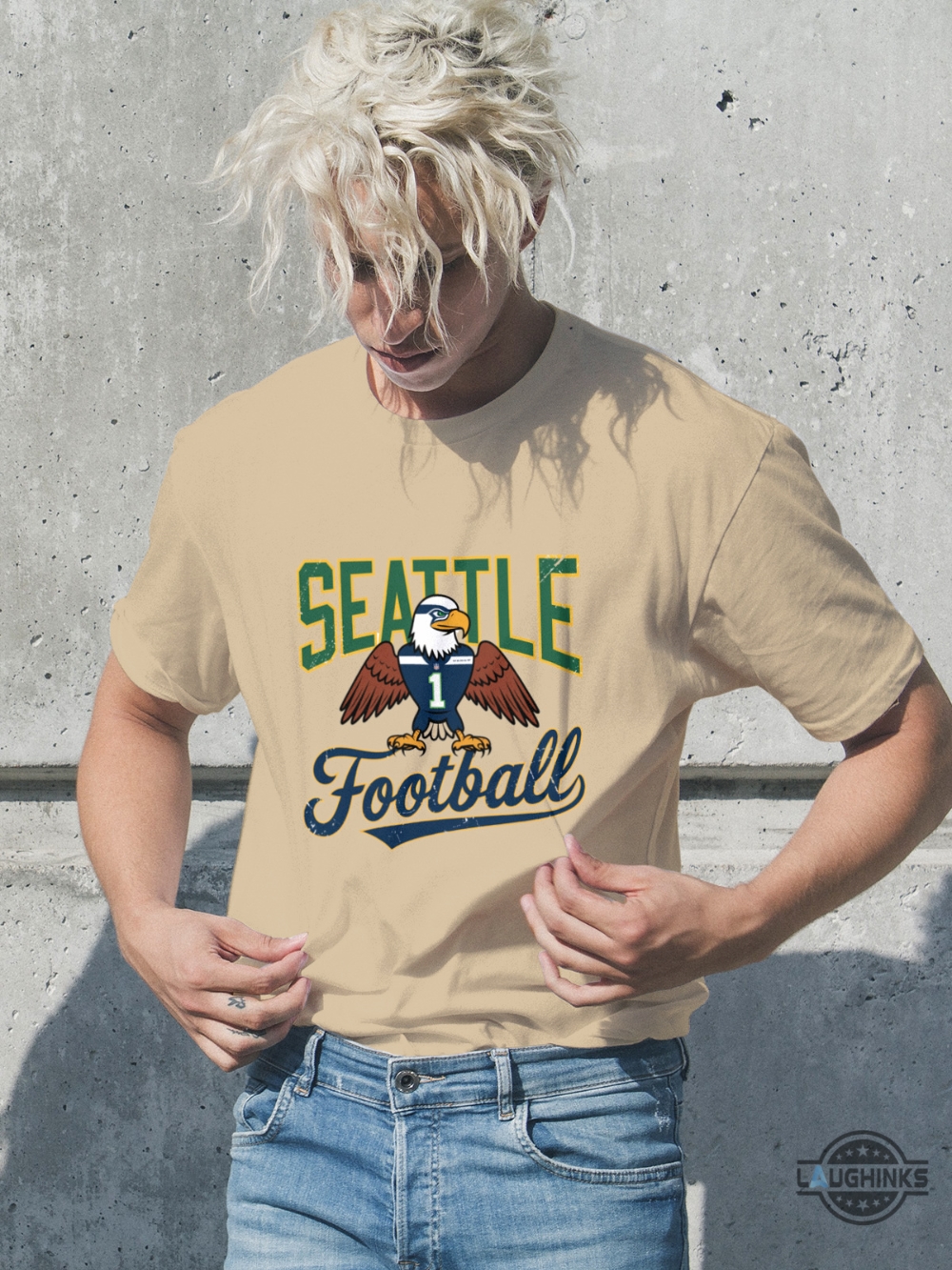 retro seattle seahawks football mascot graphic tee shirt navy and lime