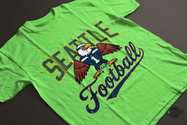 retro seattle seahawks football mascot graphic tee shirt navy and lime