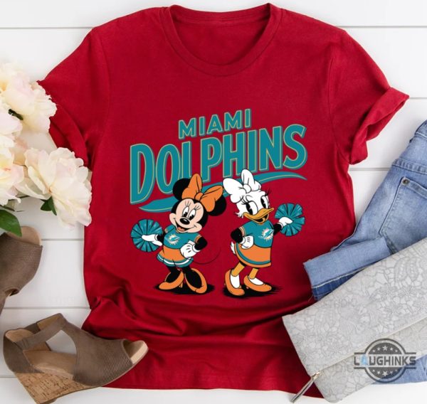 nfl miami dolphins minnie and daisy cheerleading shirt disney