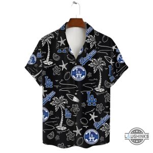 los angeles dodgers hawaiian shirt and shorts black and blue tropical la dodgers aloha beach shirt laughinks 3