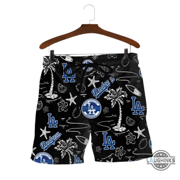 los angeles dodgers hawaiian shirt and shorts black and blue tropical la dodgers aloha beach shirt laughinks 6